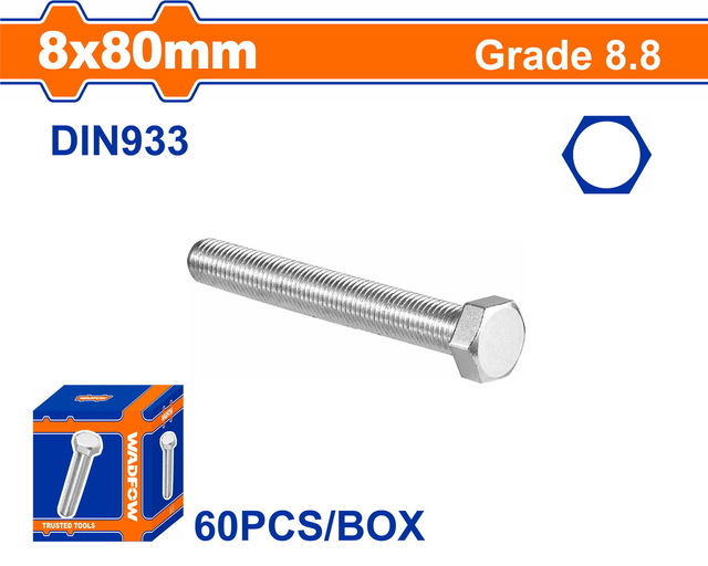 WADFOW ΒΙΔΑ ΕΞΑΓΩΝΗ ΓΑΛΒ. 8.8 DIN933 8X80 60TEM (WXSP52FA)