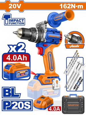 WADFOW ΔΡΑΠ/ΒΙΔΟ ΚΡΟΥΣΤΙΚΟ ΜΠΑΤ. Li-ion 20V / 162Nm / 4Ah / 2 ΜΠΑΤ BL Motor (WCDP16281E)