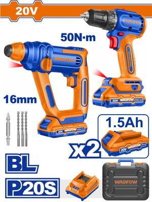 WADFOW ΣΕΤ ΔΡΑΠ/ΒΙΔΟ + ΠΝΕΥΜΑΤΙΚΟ ΠΙΣΤΟΛΕΤΟ ΜΠΑΤ. Li-ion 20V / 1.5Ah / 2 ΜΠΑΤ BL MOTOR (WOS240681)