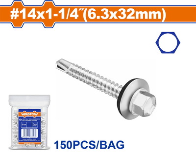 WADFOW Hex self drilling screw with rubber washer 14 Χ 1-1/4" / 6.3 Χ 32mm 150pcs (WXS4913)