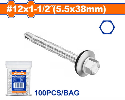 WADFOW Hex self drilling screw with rubber washer 12 Χ 1-1/2" / 5.5 Χ 38mm 100TEM (WXS49294)